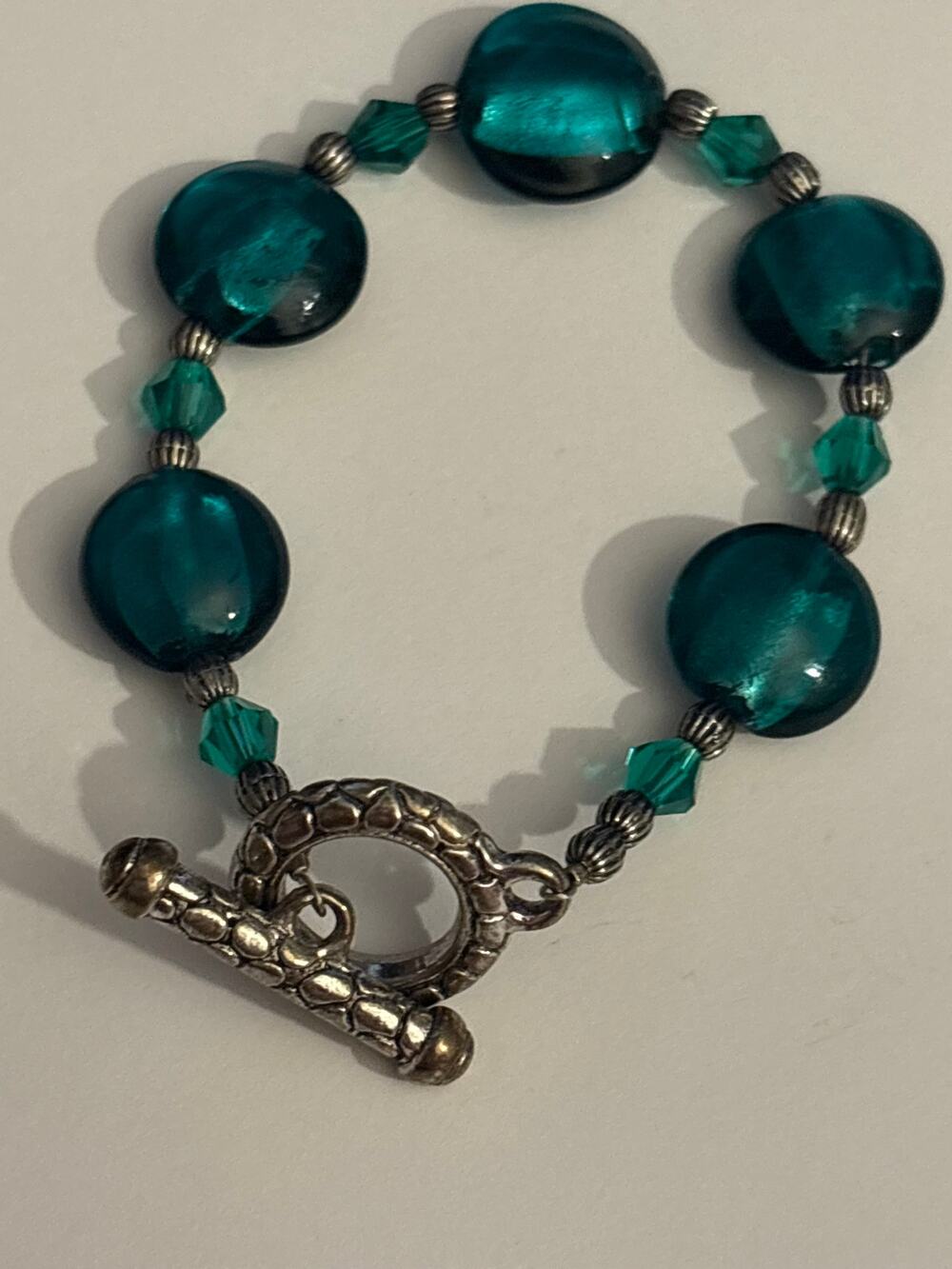 Vintage Teal Glass Toggle Bracelet 6.75”